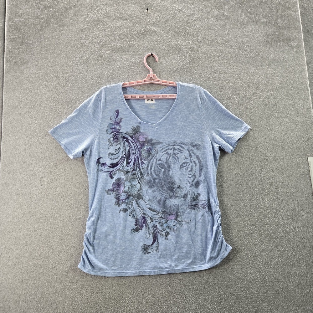Hanes Women Shirt 1X (16W) Light Blue Graphic Glitter V-Neck Pullover